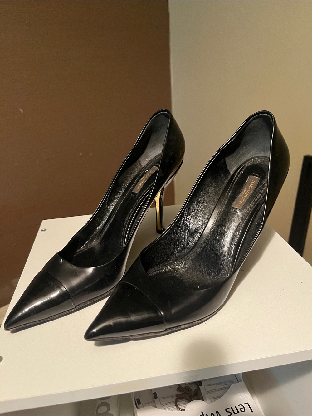 Louis Vuitton Black Pointed Leather Pumps with Gold Stiletto Heel